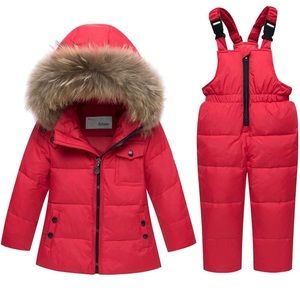 2024 Two Piece Winter Hooded Fur Trim Snowsuit Puffer Down Jacket with Snow Ski